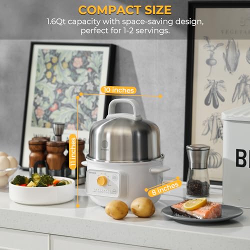 BUYDEEM G32 Electric Food Steamer 1.6QT, Stainless Steel Steamer for Vegetable Egg Seafood, 8 Time Settings, Triple Dry Protection, Quick Steam, Healthy Cooking for 1-2 Servings, Arctic White - Image 2