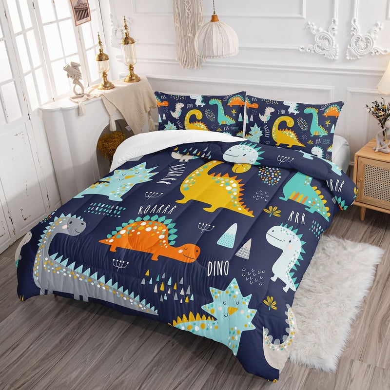 Smell Sunshine Cartoon Dinosaur Comforter Set Dark Blue Printed Bedding Set with 1 Comforter and 2 Pillowcases for Boys and Girls Bedroom All Season(Dinosaur Twin) - Image 3