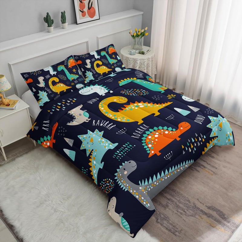 Smell Sunshine Cartoon Dinosaur Comforter Set Dark Blue Printed Bedding Set with 1 Comforter and 2 Pillowcases for Boys and Girls Bedroom All Season(Dinosaur Twin) - Image 2