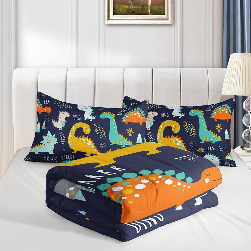 Smell Sunshine Cartoon Dinosaur Comforter Set Dark Blue Printed Bedding Set with 1 Comforter and 2 Pillowcases for Boys and Girls Bedroom All Season(Dinosaur Twin) - Image 4