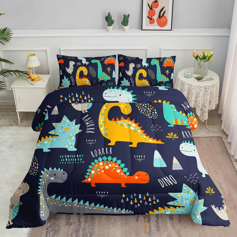 Smell Sunshine Cartoon Dinosaur Comforter Set Dark Blue Printed Bedding Set with 1 Comforter and 2 Pillowcases for Boys and Girls Bedroom All Season(Dinosaur Twin) - Image 1