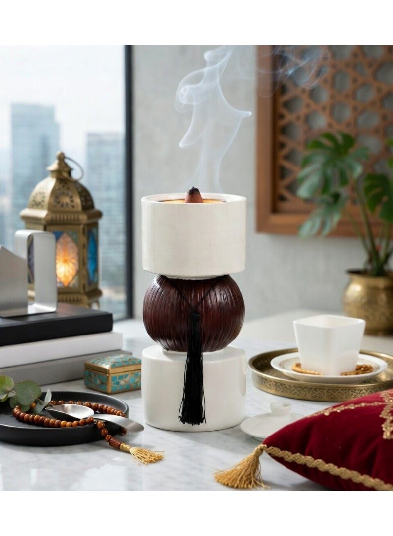 Bakhoor Burner Mabkhara Incense Holder with Tassel – Heat Resistant Ceramic & Wood Oud Burner for Arabic, Morden Home, Frankincense, Charcoal Incense - Image 4