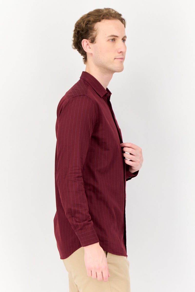 Kenneth Cole Men Regular Fit Stripe Long Sleeve Casual Shirt, Maroon  - Image 4