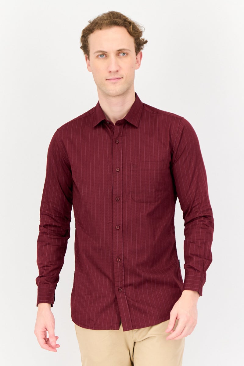 Kenneth Cole Men Regular Fit Stripe Long Sleeve Casual Shirt, Maroon  - Image 1
