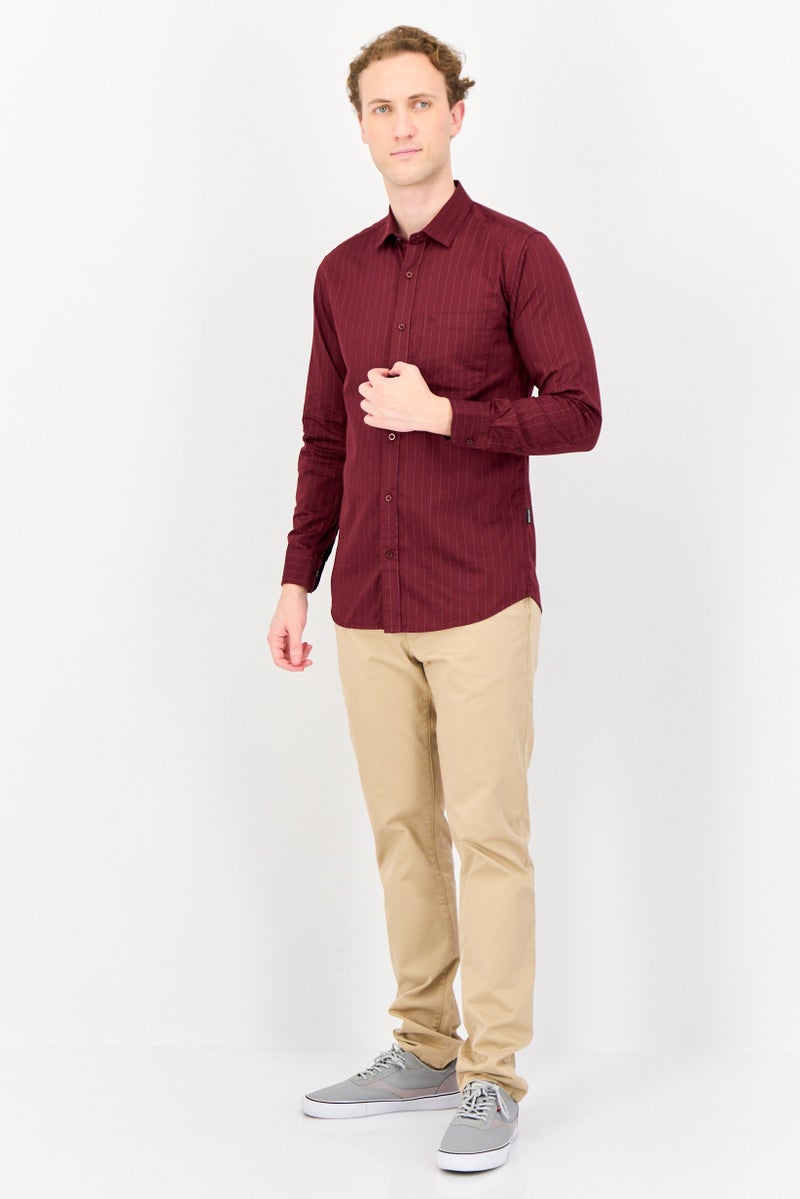 Kenneth Cole Men Regular Fit Stripe Long Sleeve Casual Shirt, Maroon  - Image 3