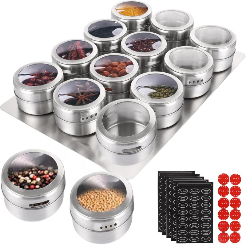 APACALI Pack of 12 Magnetic Spice Jars, 6 x 4 cm, Stainless Steel Magnetic Spice Container with Wall Base, Stainless Steel Spice Jars Contains 100 Labelling Stickers - Image 1