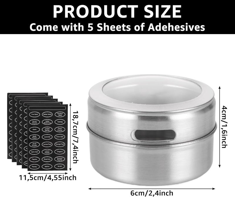 APACALI Pack of 12 Magnetic Spice Jars, 6 x 4 cm, Stainless Steel Magnetic Spice Container with Wall Base, Stainless Steel Spice Jars Contains 100 Labelling Stickers - Image 2