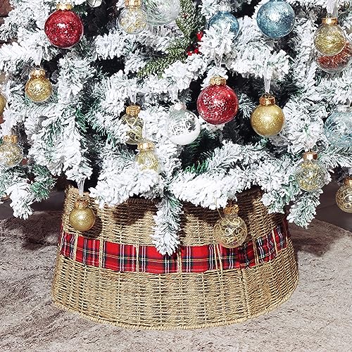 Blissun Christmas Tree Collar, Rattan Farmhouse Christmas Tree Ring, Natural Woven Rustic Christmas Tree Skirt (Plaid, Large) - Image 4