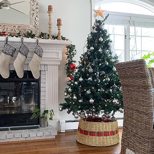 Blissun Christmas Tree Collar, Rattan Farmhouse Christmas Tree Ring, Natural Woven Rustic Christmas Tree Skirt (Plaid, Large) - Image 5