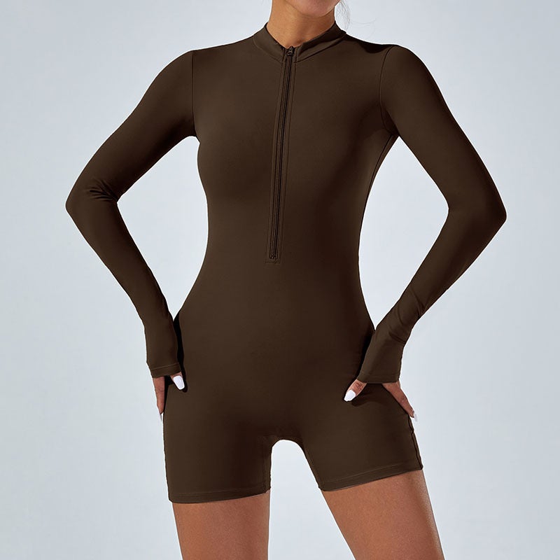 New Zip-Front Long-Sleeve Yoga Jumpsuit volcanic ash - Image 5