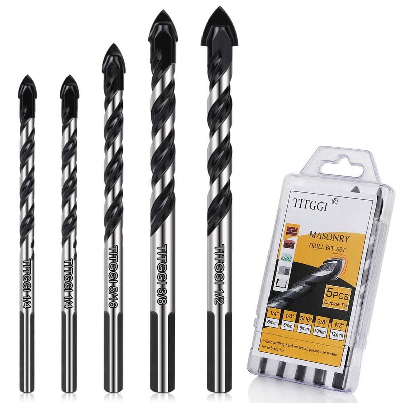 TITGGI Concrete & Masonry Professional Drill Bit Set (5PCS) for Glass/Brick/Plastic/Cement/Wood/Tile/Etc, Industrial Strength Carbide Drill Bit Tip, 1/4"-1/2" by TITGGI - Image 1