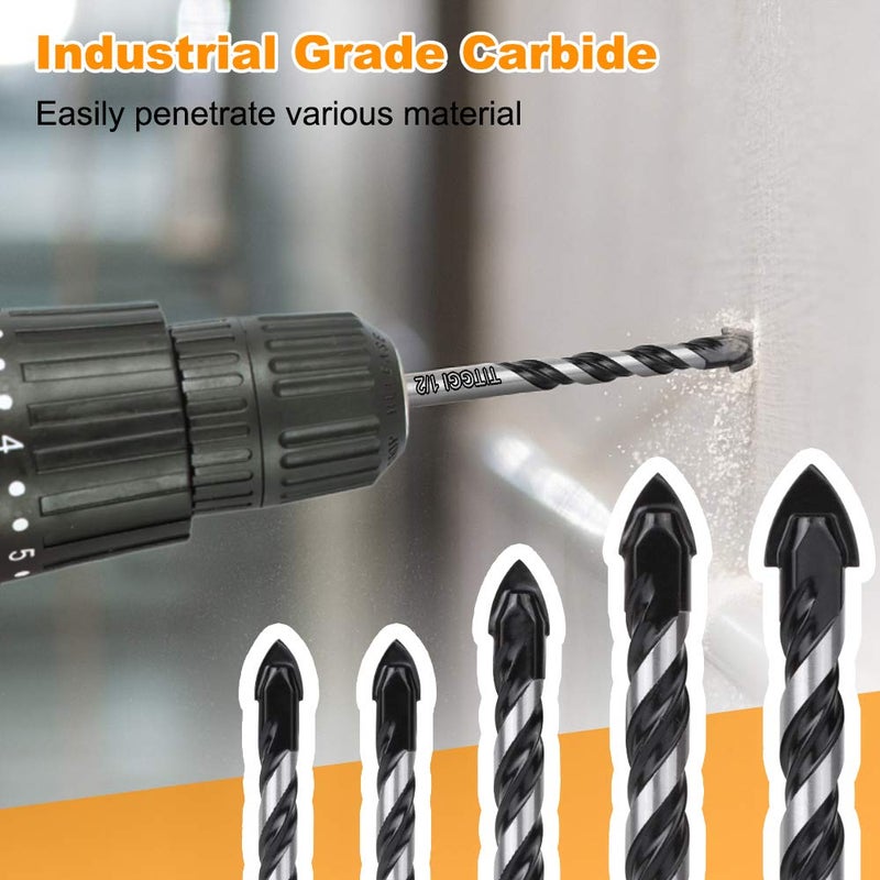 TITGGI Concrete & Masonry Professional Drill Bit Set (5PCS) for Glass/Brick/Plastic/Cement/Wood/Tile/Etc, Industrial Strength Carbide Drill Bit Tip, 1/4"-1/2" by TITGGI - Image 2