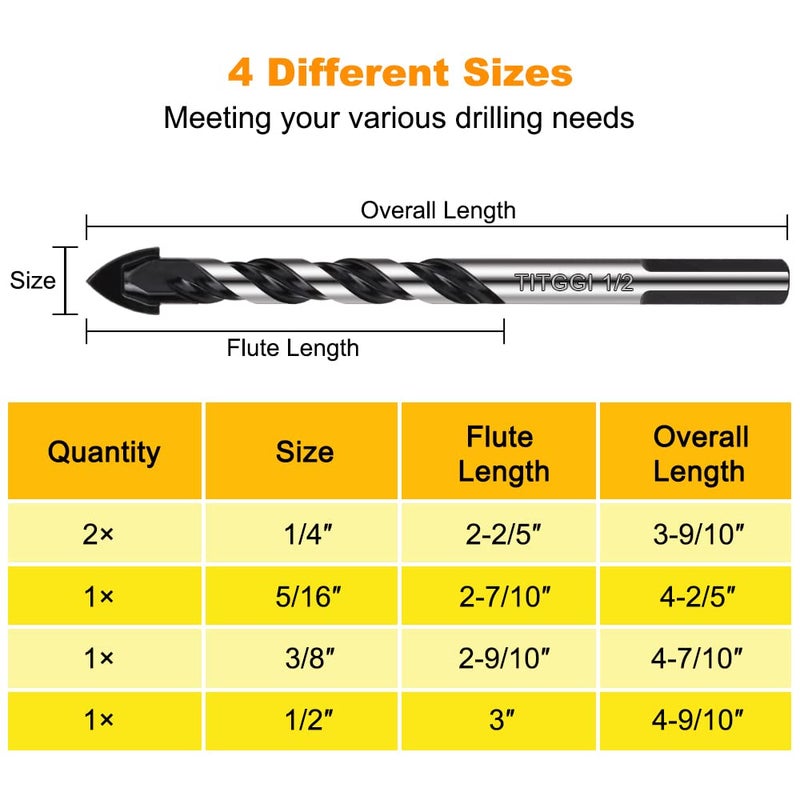 TITGGI Concrete & Masonry Professional Drill Bit Set (5PCS) for Glass/Brick/Plastic/Cement/Wood/Tile/Etc, Industrial Strength Carbide Drill Bit Tip, 1/4"-1/2" by TITGGI - Image 3