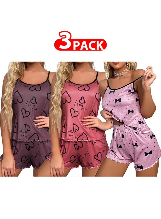 MARGOUN 3 Pack Women's XXL Size 2 Pieces Heart Graphic Print Satin Lounge Set Sleeveless Binding Trim Cami Top and Shorts Pajama Set /XXL Bust:106cm Waist: 90cm Pants Length: 35cm - Image 1