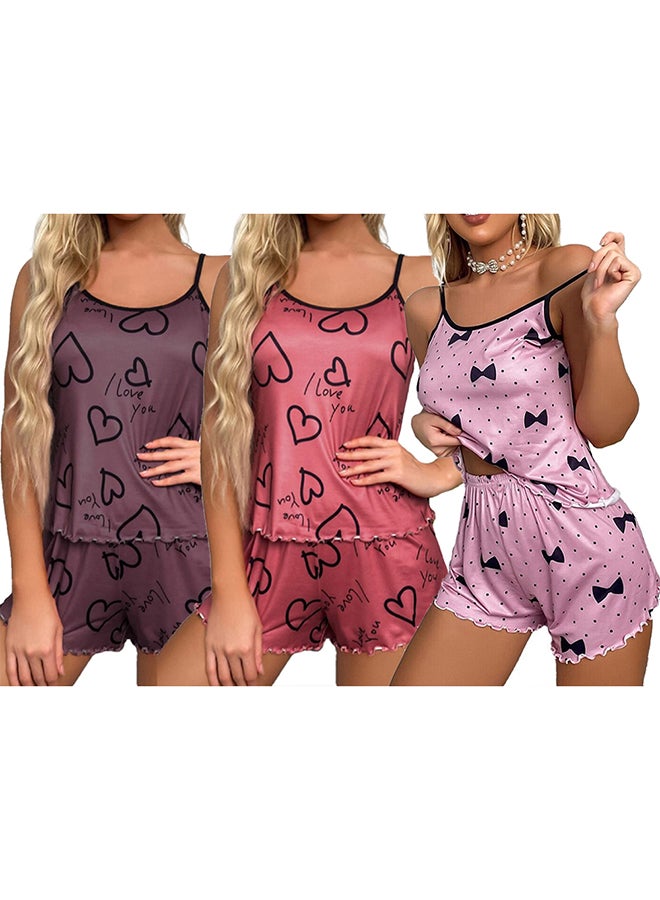 MARGOUN 3 Pack Women's XXL Size 2 Pieces Heart Graphic Print Satin Lounge Set Sleeveless Binding Trim Cami Top and Shorts Pajama Set /XXL Bust:106cm Waist: 90cm Pants Length: 35cm - Image 3
