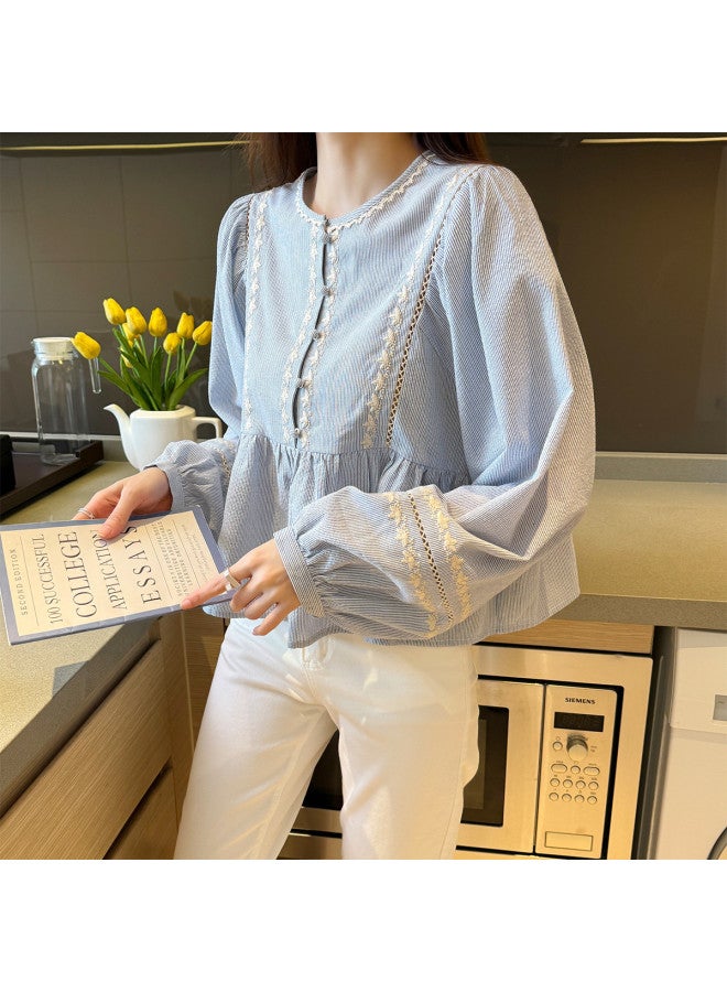 TonLion Summer Women's Round Neck Striped Lace Long Sleeve Blouse - Versatile Design, Soft & Elegant, Trendy Lady Style - Image 3