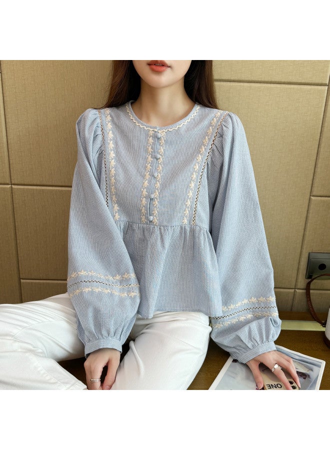 TonLion Summer Women's Round Neck Striped Lace Long Sleeve Blouse - Versatile Design, Soft & Elegant, Trendy Lady Style - Image 5