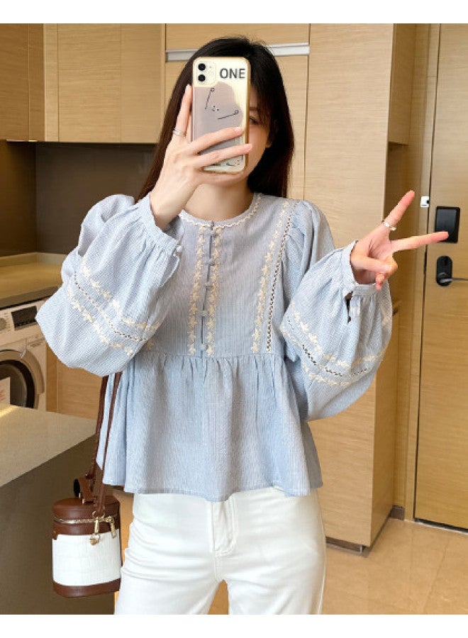 TonLion Summer Women's Round Neck Striped Lace Long Sleeve Blouse - Versatile Design, Soft & Elegant, Trendy Lady Style - Image 1