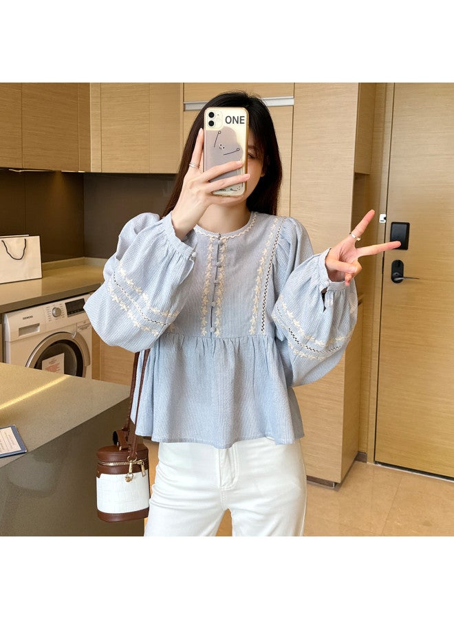 TonLion Summer Women's Round Neck Striped Lace Long Sleeve Blouse - Versatile Design, Soft & Elegant, Trendy Lady Style - Image 2