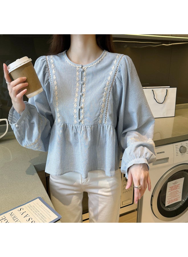 TonLion Summer Women's Round Neck Striped Lace Long Sleeve Blouse - Versatile Design, Soft & Elegant, Trendy Lady Style - Image 4