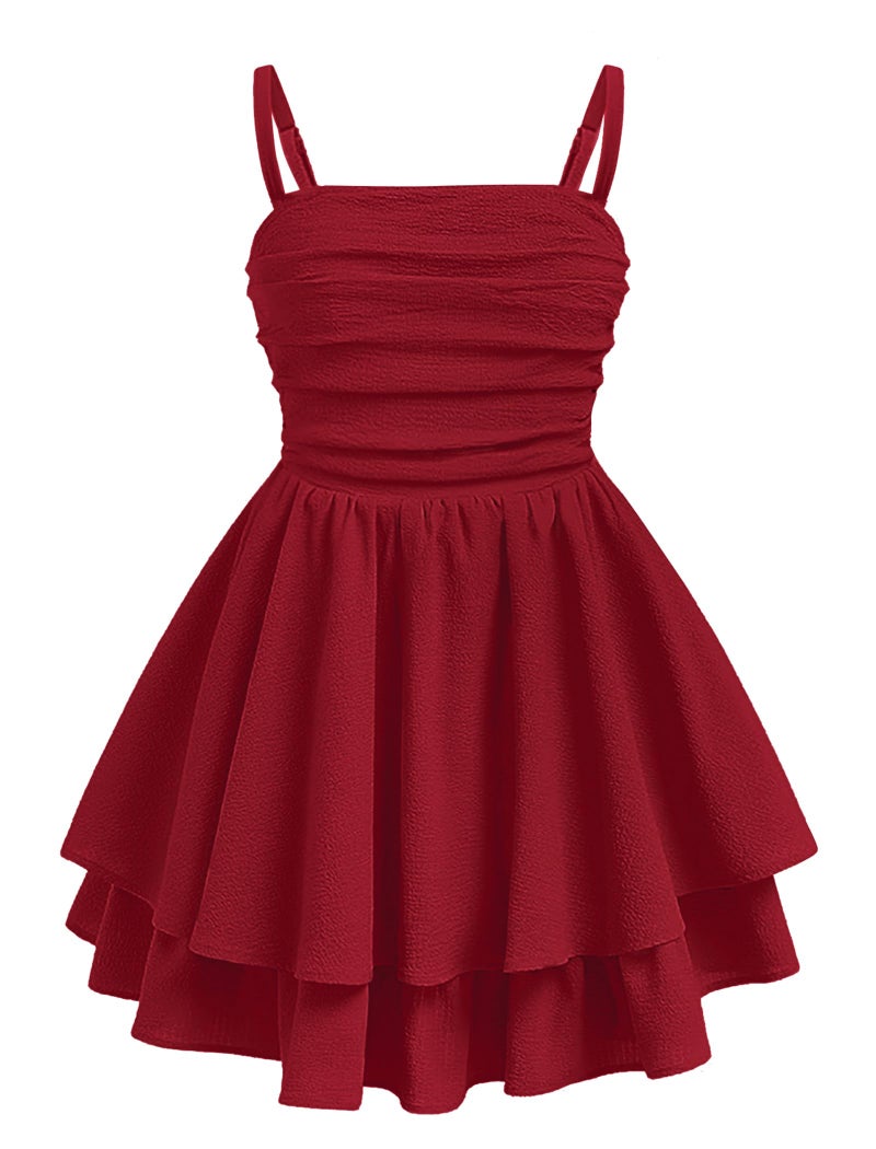 EXARUS Girls Dress Red Teen Easter Church Formal Back to School Homecoming Dance Casual Tween Swing Ruched Flowy Ruffle Summer Spaghetti Strap Adjustable Outfits Dresses Cami for 8 Years - Image 1
