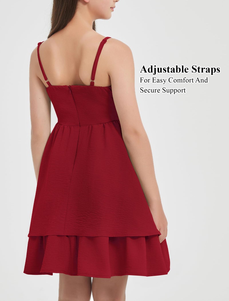 EXARUS Girls Dress Red Teen Easter Church Formal Back to School Homecoming Dance Casual Tween Swing Ruched Flowy Ruffle Summer Spaghetti Strap Adjustable Outfits Dresses Cami for 8 Years - Image 4