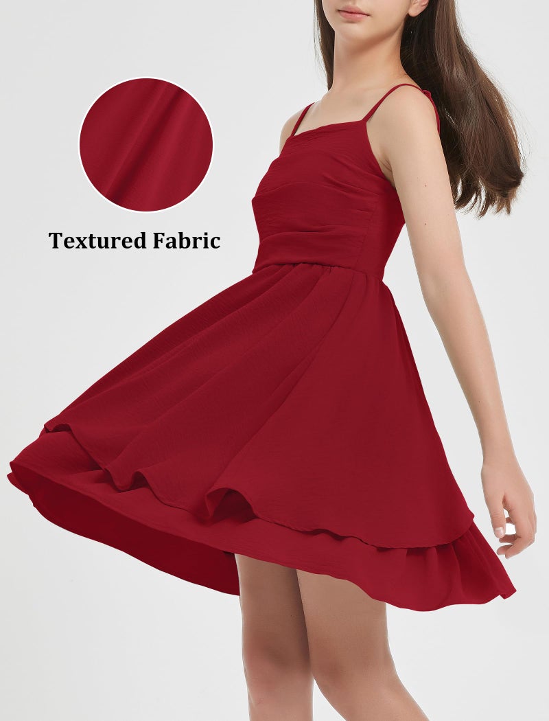 EXARUS Girls Dress Red Teen Easter Church Formal Back to School Homecoming Dance Casual Tween Swing Ruched Flowy Ruffle Summer Spaghetti Strap Adjustable Outfits Dresses Cami for 8 Years - Image 3