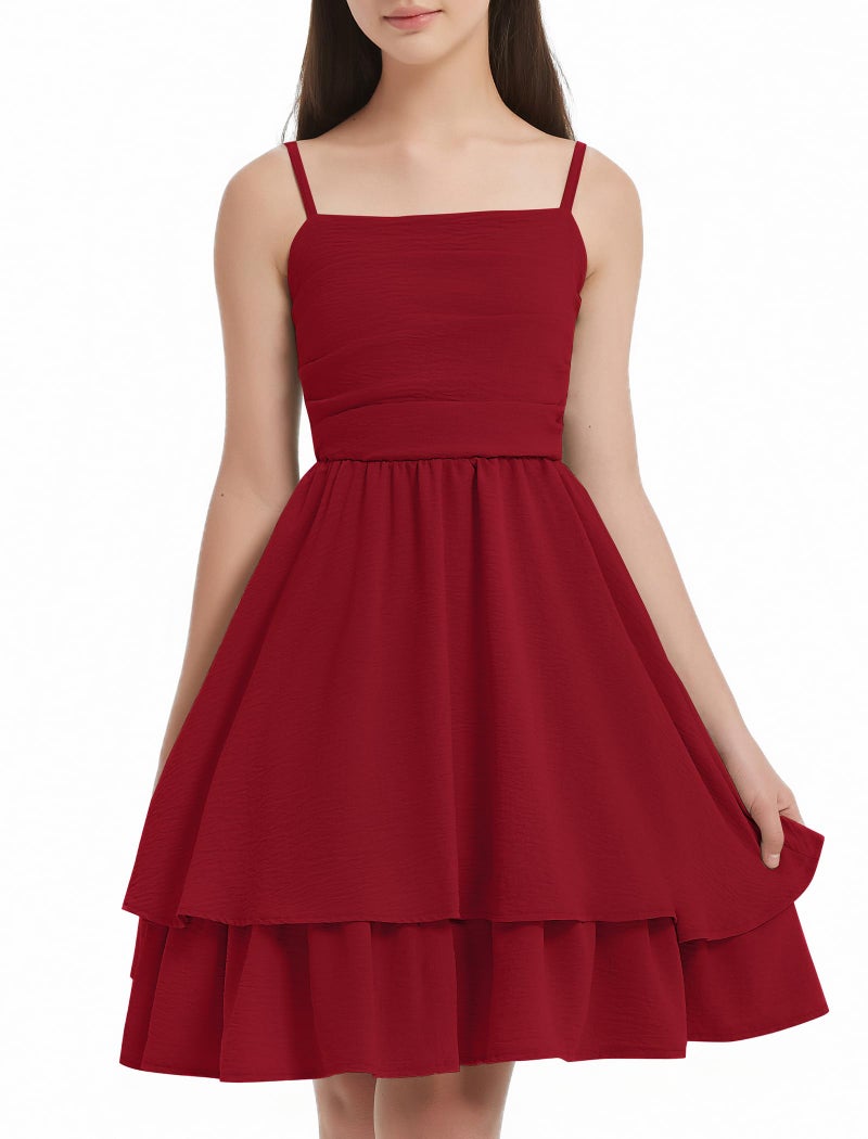 EXARUS Girls Dress Red Teen Easter Church Formal Back to School Homecoming Dance Casual Tween Swing Ruched Flowy Ruffle Summer Spaghetti Strap Adjustable Outfits Dresses Cami for 8 Years - Image 2