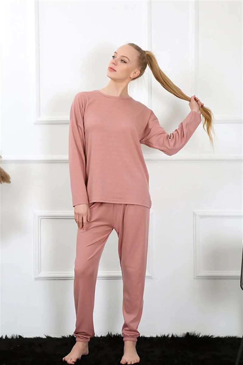 اكبينيز Women's Long Sleeve Combed Cotton Dried Rose Pajamas Set 4132