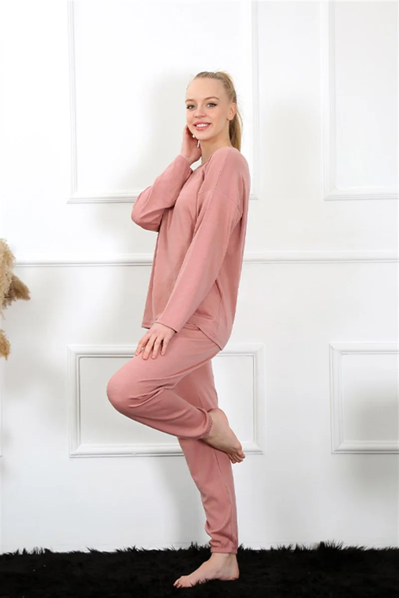 اكبينيز Women's Long Sleeve Combed Cotton Dried Rose Pajamas Set 4132