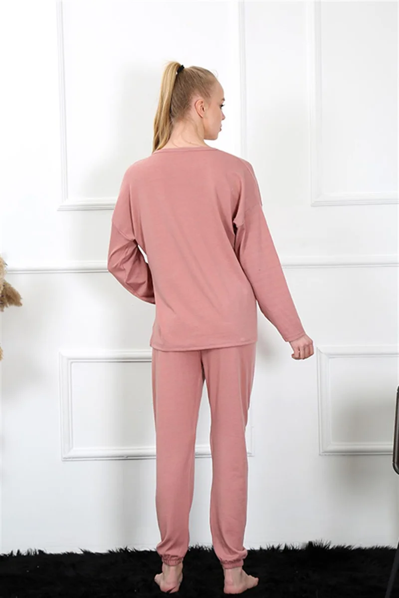 اكبينيز Women's Long Sleeve Combed Cotton Dried Rose Pajamas Set 4132