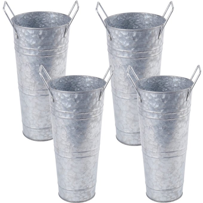SET OF 4 GALVANIZED METAL VASES 9 FARMHOUSE FRENCH BUCKET WITH HANDLES RUSTIC STYLE METAL FLOWER HOLDER FOR HOME AND WEDDING TABLE CENTERPIECE DECOR SILVER