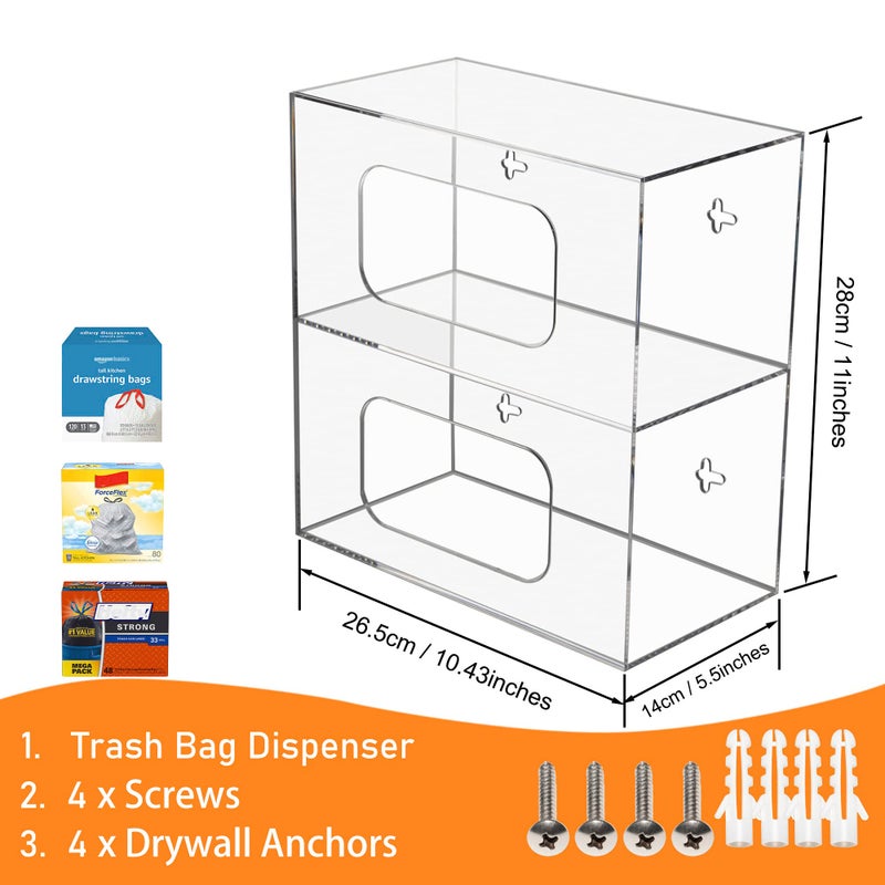 SEANADO Trash Bag Dispenser Roll Holder, 2 Compartment Wall Mount Acrylic Kitchen Double Side Loaded Organizer Storage Box Holder for Garbage and Grocery Bags (10.4 x 5.5 x 11inches) - Image 3