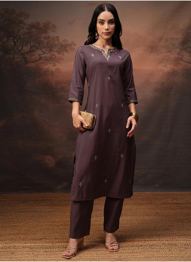 Vishudh Embroidered Round Neck Tunic and Trousers Co-Ords by Styli  - Image 2