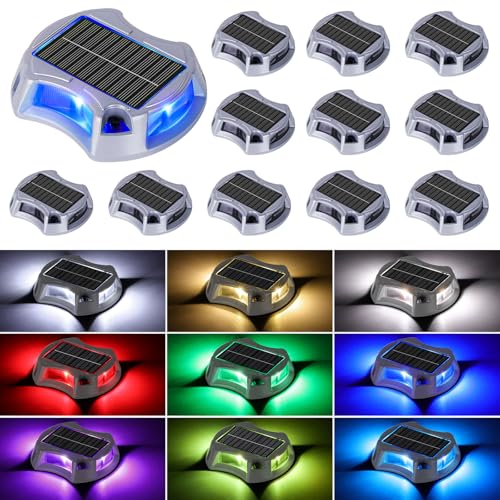 Bosceos Solar Driveway Lights Deck Dock Lights Outdoor 12 Pack 9 Colors in 1 Pathway Light Solar Powered Waterproof LED Marker Marine Light for Warning Driveway Sidewalk Pathway Walkway StepRGB - Image 1