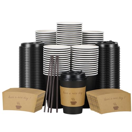 BYSNOW 100 pack 12 oz Thickened Coffee Cups with Lids, Scald Resistant Hot Cups with Sleeve and Straw, To Go Coffee Cups for Home, Office, Cafes and Party (Black 12oz) - Image 1