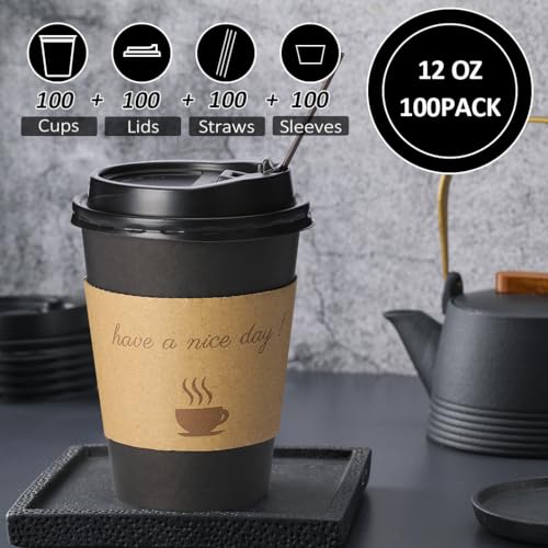 BYSNOW 100 pack 12 oz Thickened Coffee Cups with Lids, Scald Resistant Hot Cups with Sleeve and Straw, To Go Coffee Cups for Home, Office, Cafes and Party (Black 12oz) - Image 4