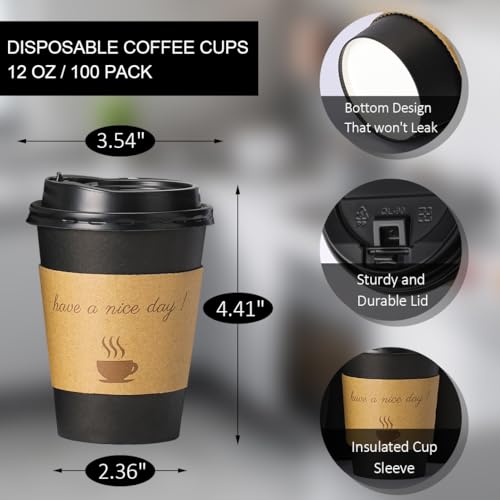BYSNOW 100 pack 12 oz Thickened Coffee Cups with Lids, Scald Resistant Hot Cups with Sleeve and Straw, To Go Coffee Cups for Home, Office, Cafes and Party (Black 12oz) - Image 2