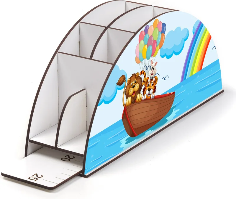 نوتبا Wooden Vip Animals in a Boat Rainbow Desktop Pencil Holder with Ruler Organizer for Kids VIP11