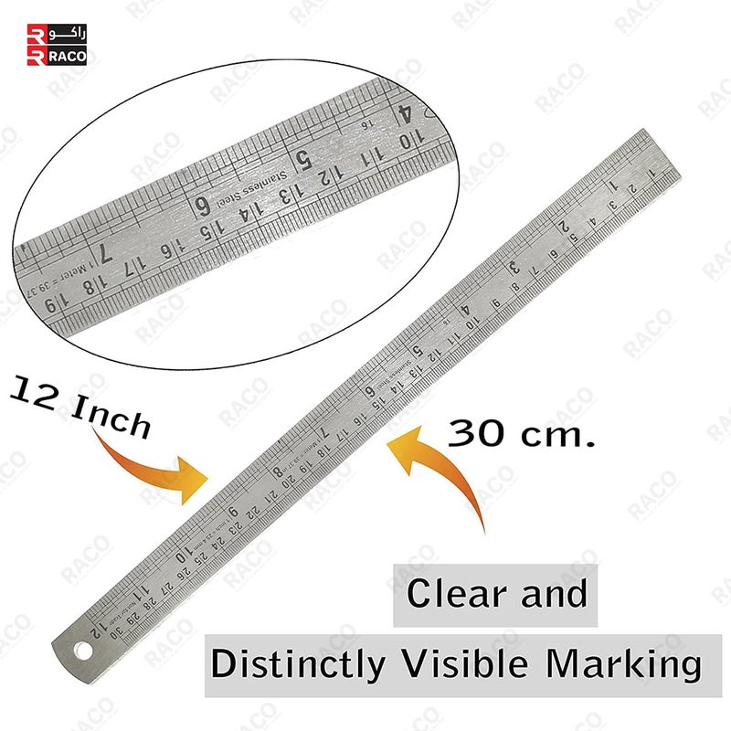 RACO Uken Stainless Steel Ruler | Heavy-Duty SS Scale with Conversion Table for School, Office, Home, Architects, Engineers, and Craft Supplies (12 inch, 30 cm) - Image 2