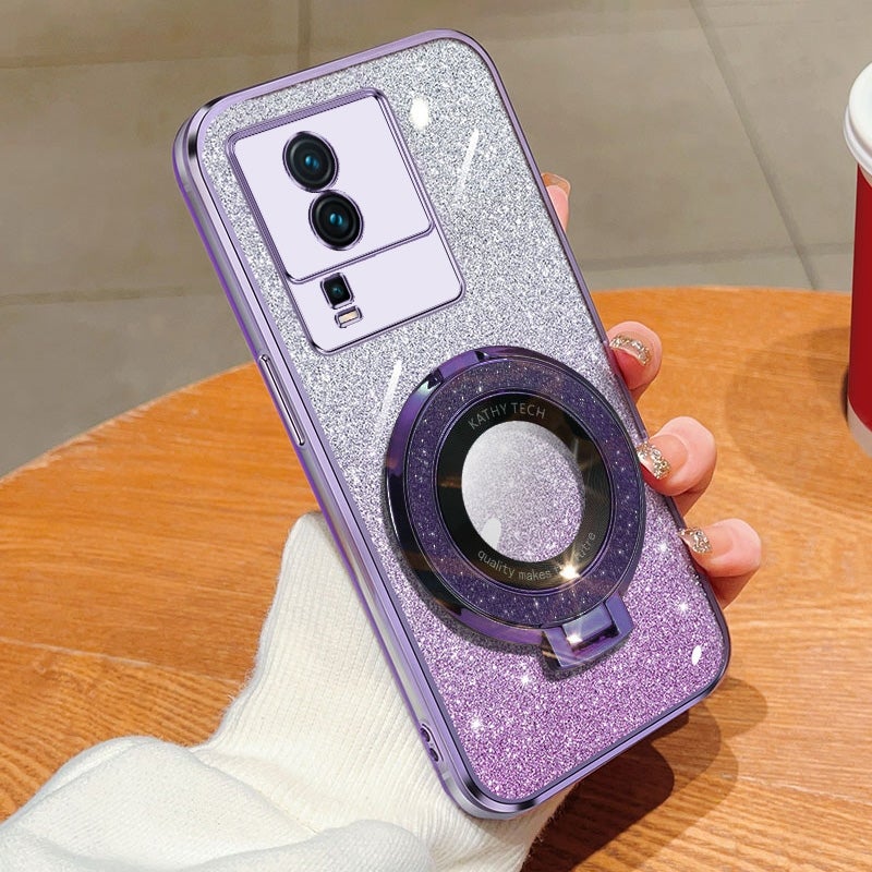 HuHa Case Cover For vivo iQOO Neo7 Plated Gradient Glitter Round Holder TPU Phone Case(Purple) - Image 1