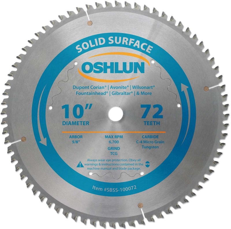 Oshlun SBSS100072 10Inch 72 Tooth TCG Saw Blade with 58Inch Arbor for Solid Surface