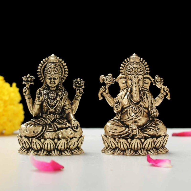 INDICAST Brass Laxmi Ganesh Idol 2 Hindu God Statue for Home Temple Office Pooja Diwali Gift Housewarming Wedding Corporate Gift Handmade Religious Murti for Mandir Decor - Image 1