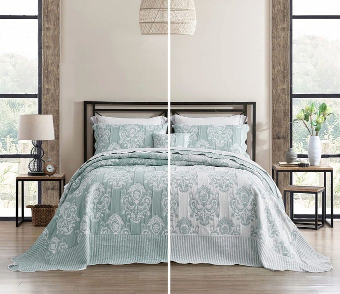 HZ HY OVERSIZED KING BEDSPREAD JACQUARD MATELASSE DAMASK PATTERN DESIGN LIGHTWEIGHT REVERSIBLE 5 PIECE 100 MICROFIBER GREEN