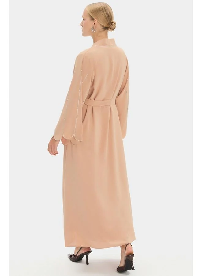 JUNE Women Stoned Waist Tie Detailed Abaya Beige