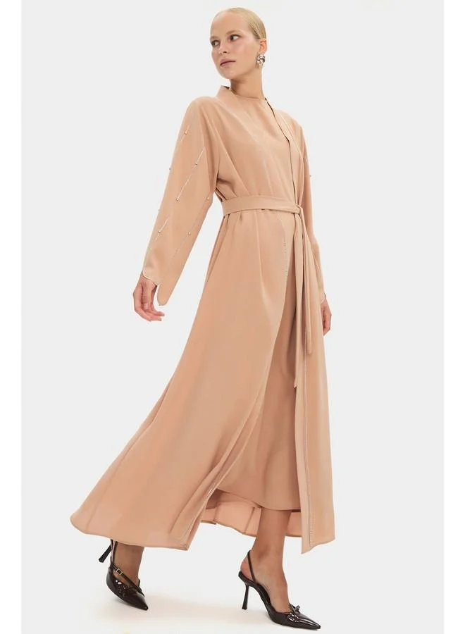 JUNE Women Stoned Waist Tie Detailed Abaya Beige