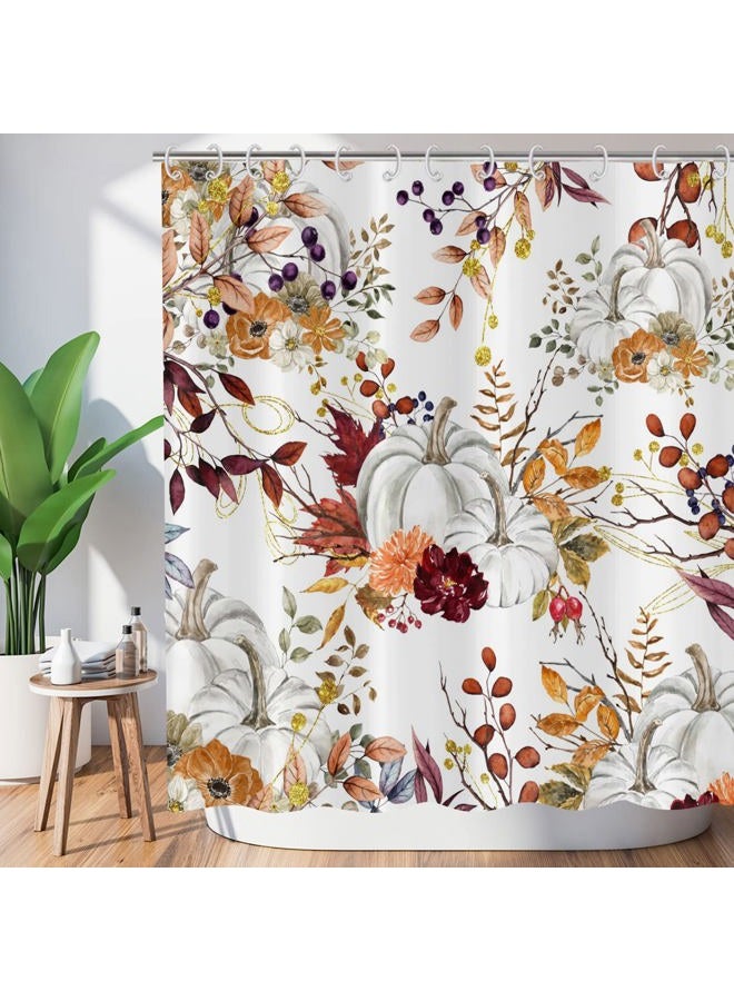 GCIREC Autumn Pumpkin Shower Curtain, Fall Thanksgiving Harvest Watercolor Floral Pumpkin Boho Bathroom Curtain Home Bathtub Decor Waterproof Fabric Machine Washable with 12 Hooks,72"X72" - Image 3