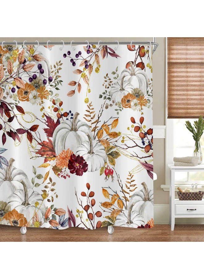 GCIREC Autumn Pumpkin Shower Curtain, Fall Thanksgiving Harvest Watercolor Floral Pumpkin Boho Bathroom Curtain Home Bathtub Decor Waterproof Fabric Machine Washable with 12 Hooks,72"X72" - Image 1