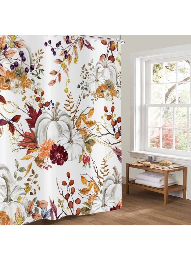 GCIREC Autumn Pumpkin Shower Curtain, Fall Thanksgiving Harvest Watercolor Floral Pumpkin Boho Bathroom Curtain Home Bathtub Decor Waterproof Fabric Machine Washable with 12 Hooks,72"X72" - Image 2