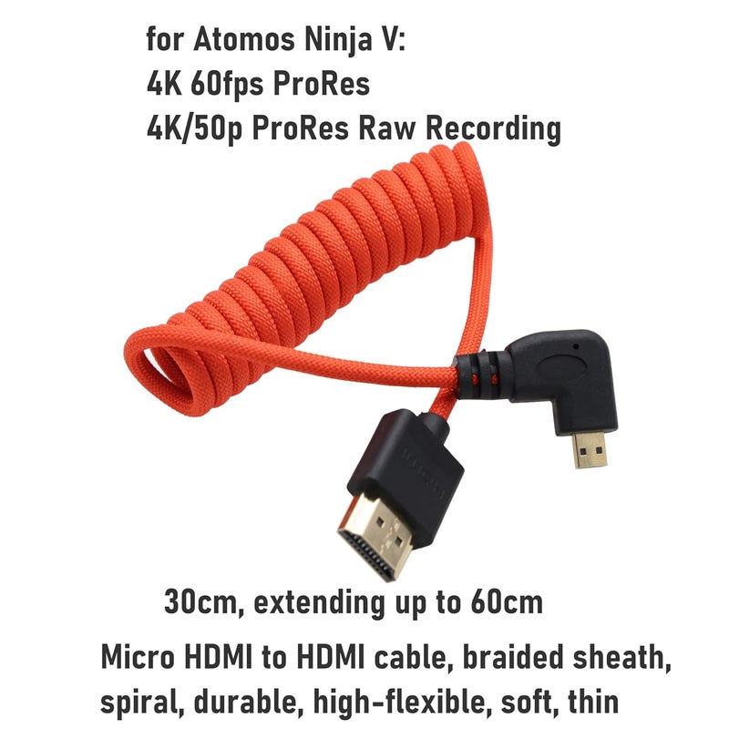 كابل بزاوية قائمة من Micro-HDMI إلى HDMI 4K60 8K ProRes RAW لـ ATOMOS Ninja V Ultra Monitor، Sony ZV-E1 A7C2 A6700، Canon R6II R5 R3، Lumix S5 S9 G100، Fujifilm X-T50، بربطانة حمراء ملفوف 30 سم - Image 3